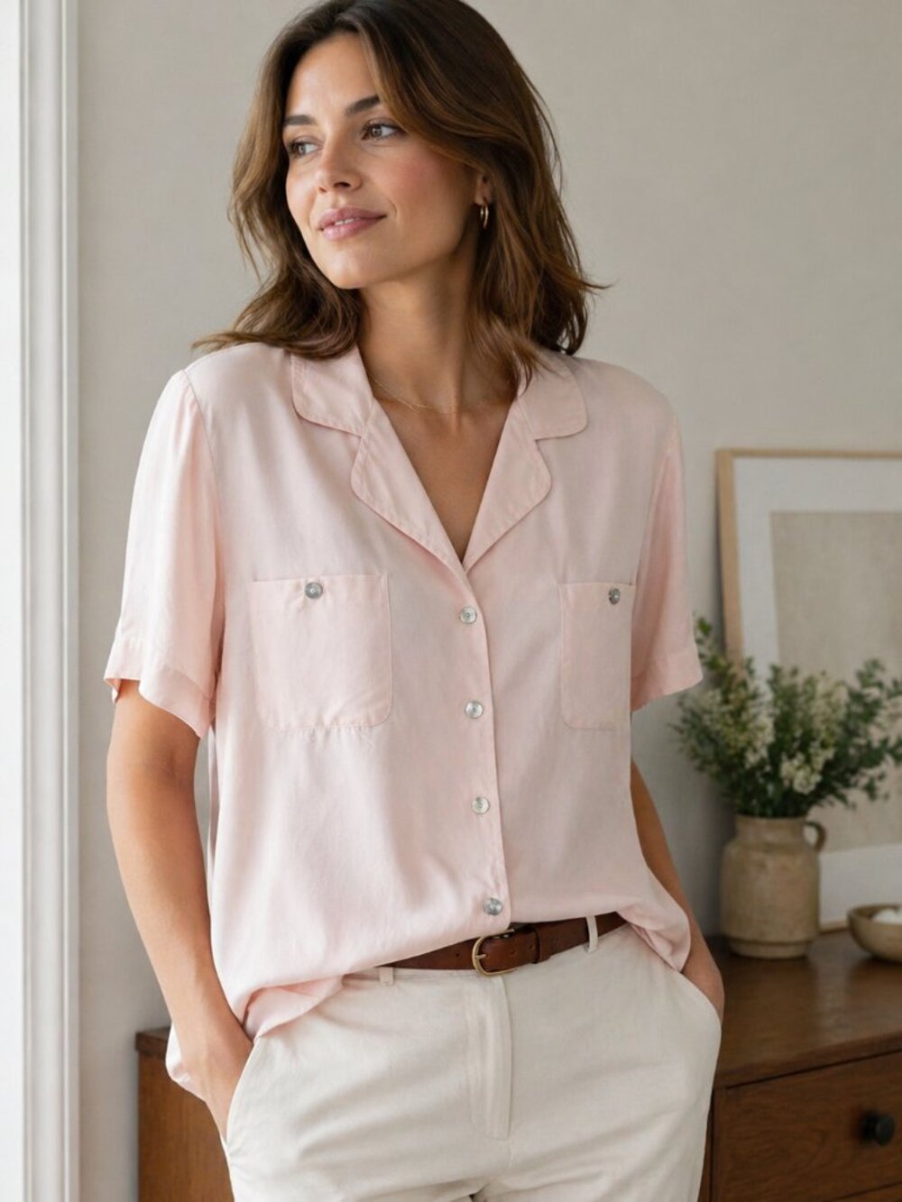 Bijenkorf 100% Silk Blush Pink Short Sleeve Blouse Size 42 (M)